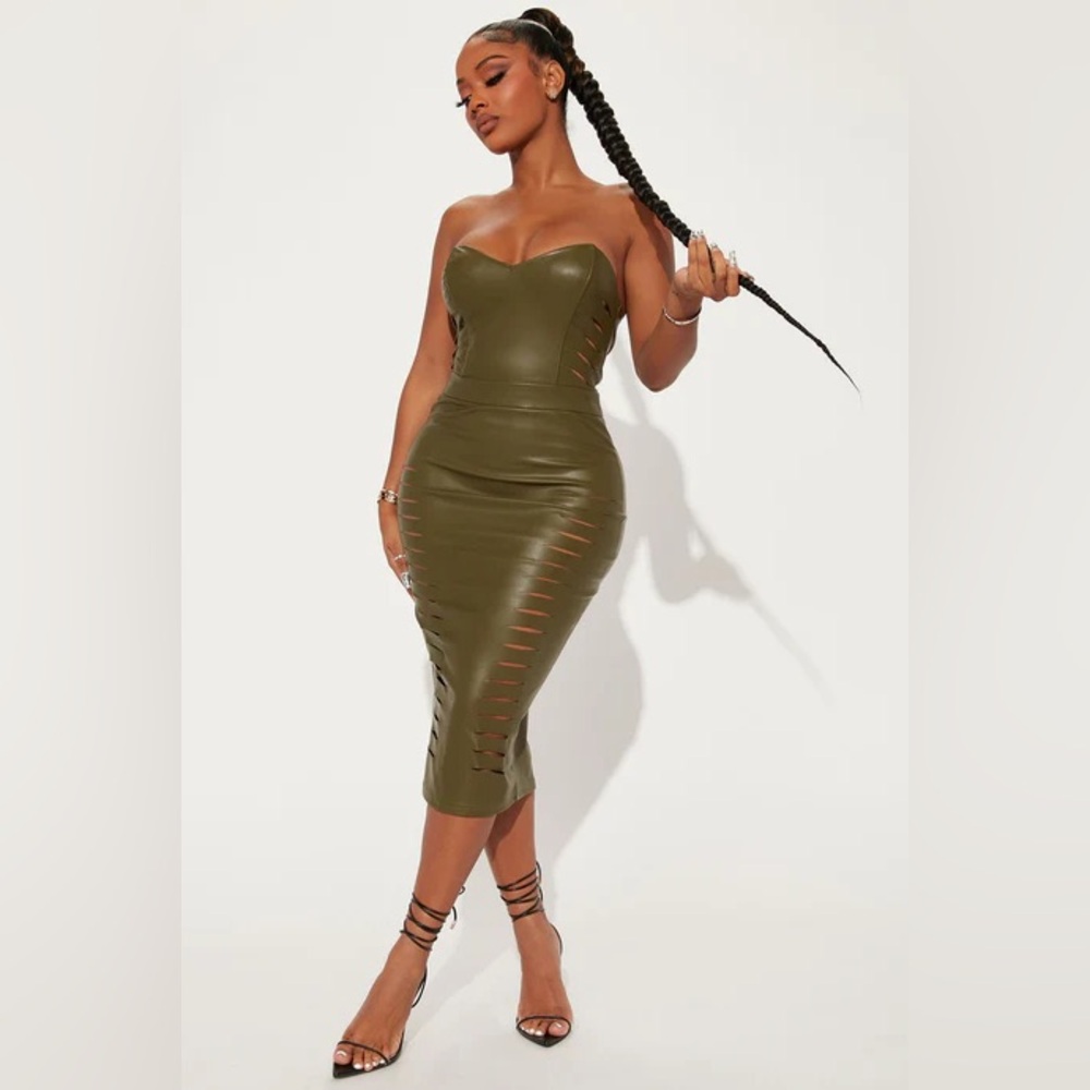 Fashion Nova She’s A Baddie Faux Leather Mini Dress Olive